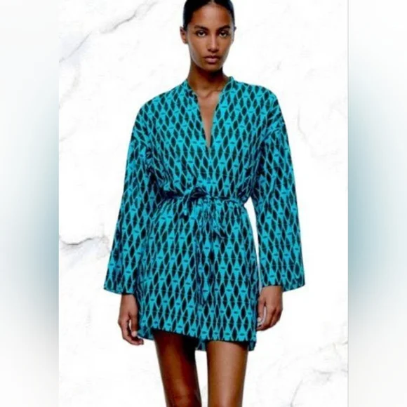 NWT Zara 100% Cotton "The Reese Dress" in Blue Geo Print - Size M - Picture 1 of 14